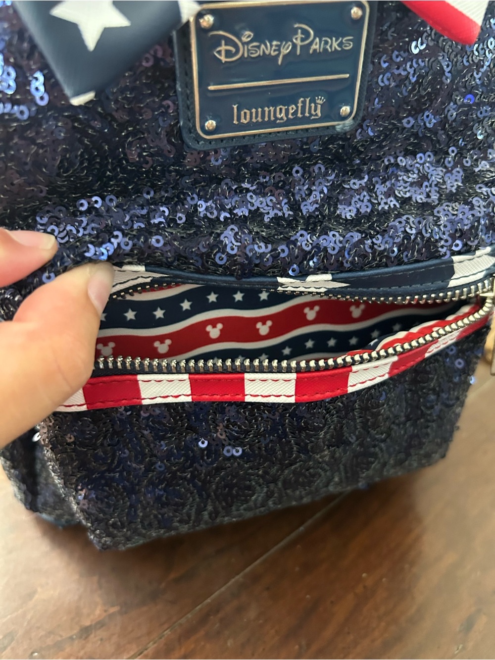 Loungefly Disney Parks Navy Sequin Minnie Ear Backpack with American Flag Bow - Picture 2 of 5